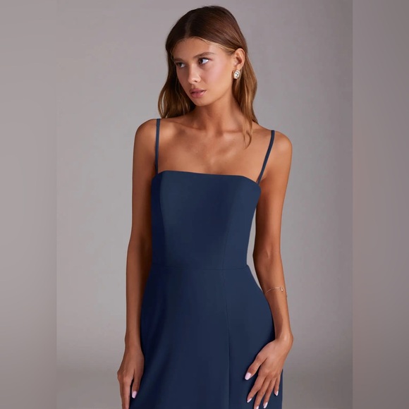 Azazie Wren Dark Navy A-Line Side Slit Chiffon Dress - Picture 7 of 13